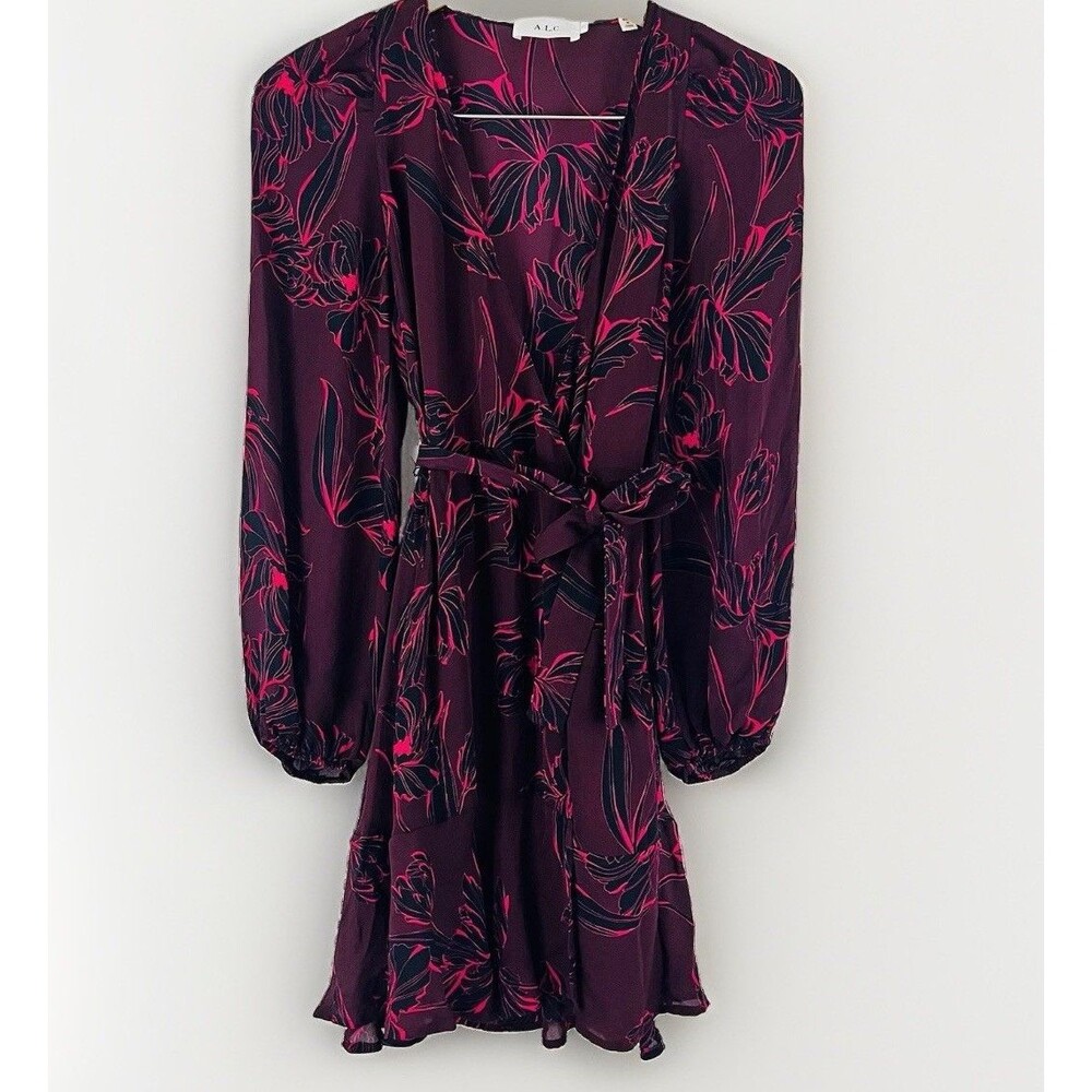 A.L.C. Embry Bordeaux 100% Silk Chiffon Long Wrap Sleeve Dress